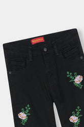 Girls Black Wide Leg Flower Embroidered Pant